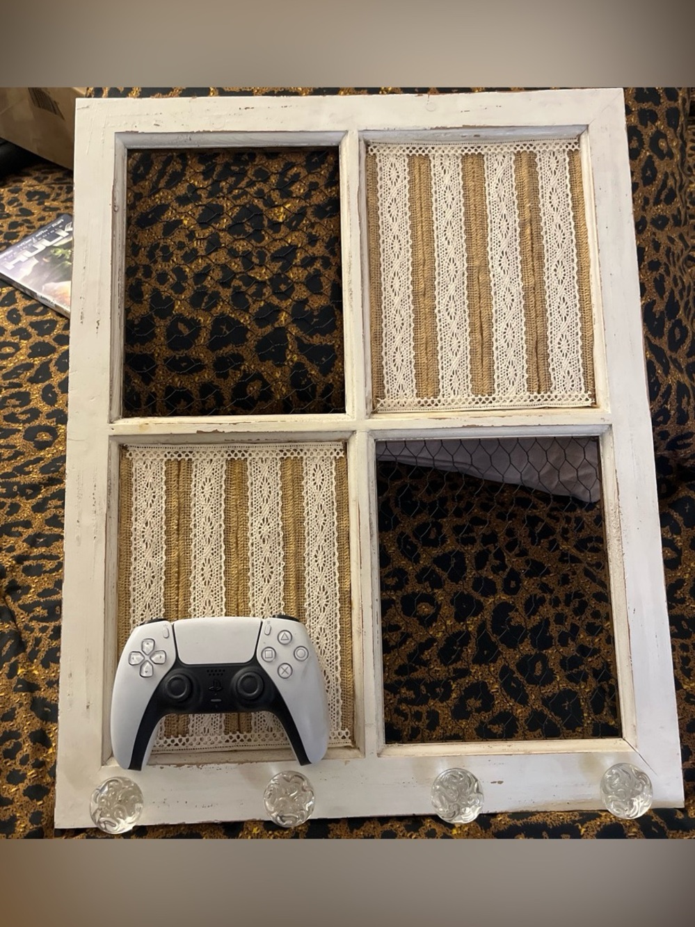 White Decorative Wall Organizer with Burlap and Lace Panels